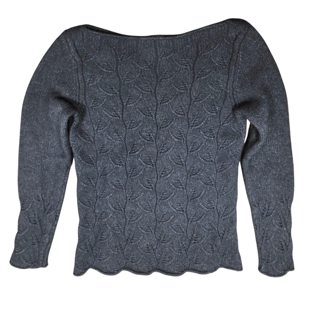 Ann Taylor Charcoal Gray Lambswool Angora Leaf Cable Knit Scalloped Sweater M